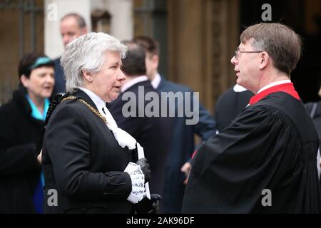 Sarah Clarke, Lady Usher of the Black Rod, (left) leaves the Service for a New Parliament at St Margaret's Church in Westminster, London. Stock Photo