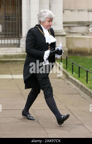 Sarah Clarke, Lady Usher of the Black Rod leaves the Service for a New Parliament at St Margaret's Church in Westminster, London. Stock Photo