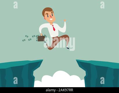 Businessman jump over cliff gap, overcome the difficulty. Business concept Stock Vector