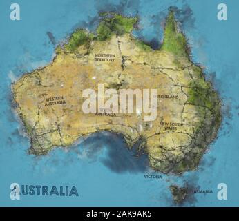 Watercolor Illustration of Australia Map with State Names Stock Photo