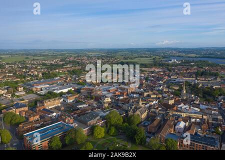 An aerial picture from a drone of Trowbridge town centre, in Wiltshire. Stock Photo