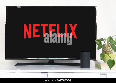 BARCELONA, January 8: Smart TV with the payperview NETFLIX service with the logo in it, on January 8, 2020 in Barcelona. Stock Photo