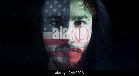 Iranian and American man face.   A beautiful study of the tension between Iran and America. Stock Photo