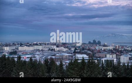 Reykjavik Iceland in the winter with snow,A view from the top of the Perlan (English: The Pearl)  a prominent landmark in the Icelandic capital Stock Photo