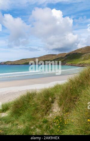 Beautiful sandy beach and dunes of Traigh Shiar beach, west coast of the Isle of Vatersay, Outer Hebrides, Western Isles, Scotland, UK Stock Photo