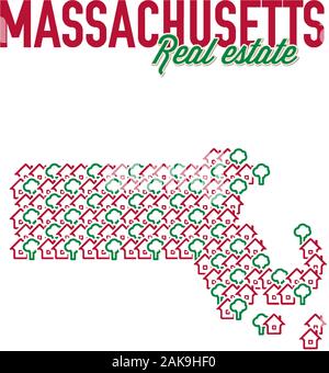 Massachusetts real estate properties map. Text design. Massachusetts US state realty creative concept. Icons of houses with gardens in the shape of a Stock Vector