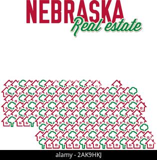 Nebraska real estate properties map. Text design. Nebraska US state realty creative concept. Icons of houses with gardens in the shape of a map of Neb Stock Vector