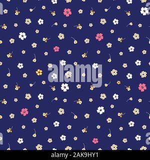 seamless vector pattern with simple colorful flowers on dark navy blue background Stock Vector