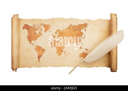 Ancient, old world map on  vintage scroll paper isolated on white background with feather. Stock Photo