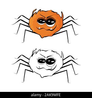 Spider isolated on white background. Set of outline, colored and flat spider. Orange cartoon character and line contour spider sketches. Stock vector Stock Vector