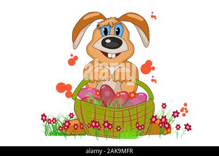 Bunny isolated on white background. Easter bunny rabbit with Easter basket. Cartoon rabbit holding Easter eggs. Flat style greeting card. Stock vector Stock Vector