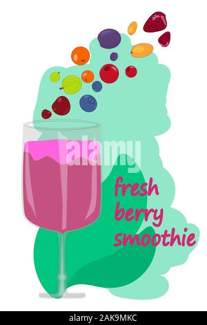 Fresh berries smoothie isolated on white background. Smoothie in a glass. Smoothie or juice with mix berries in the glass. Fruit cocktail.Stock vector Stock Vector