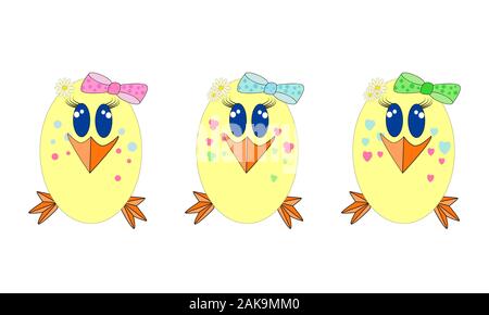 Easter eggs isolated on white background. Cartoon Easter egg shaped funny chickens set. Yellow egg shape with cute chicken face. Vector illustration. Stock Vector