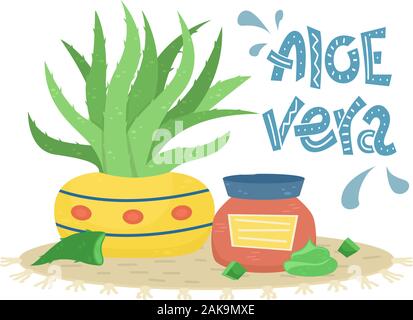 Cream in a jar with aloe Vera and Aloe vera plant in a pot. Creative vector illustration with lettering. Stock Vector