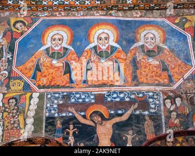 Roof paintings of cherubs inside the Debre Berhan Selassie Church. Ethiopia. Stock Photo