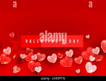 Valentines sale romantic vector banner composition with realistic decoration 3d red heart elements, ribbon on light pink background Stock Vector