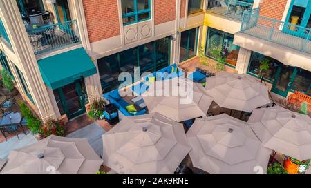 Pano Off season in Park City Utah with aerial view of commercial restaurant building Stock Photo