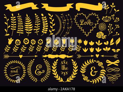 Gold floral vector elements, wreath, banners for Valentine's day card, wedding invitation Stock Vector
