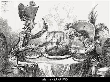 The Plumb-pudding in danger , James Gillray, 1805, Pitt and Napoleon dividing the world between them Stock Photo