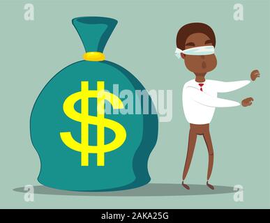 Cartoon blind black african american businessmen can not find a lmoney lying on the ground. Stock Vector