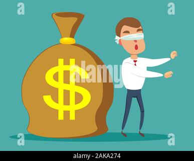 Cartoon blind businessmen can not find money lying on the ground. Stock Vector