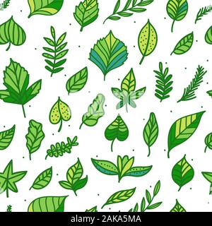 Seamless pattern Green leaf hand drawn texture isolated on white background. Eco surface design Stock Vector