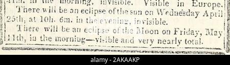 Longworth's American almanac, New-York register and city directory . | Ascension Day May 24-f; 16-| VVJiit-Suaday. June SJ ? 13 Trinity Sunday June 10.:6540 J Advent Sand. Dee, 3. 1826 |f ^ Veous( o ) will be the Morning Star until October 7th &gt;gjihen Evening Star aotil July 28th, 1828. [1 li The Moon will run highest this year, about the 2]st&lt;|I degree cf (n)Genrim, and lowest about the 21st decreetifof (2) Sagittarius: e j| I] ^ Latitude of Herschel (hai) about 32 minutes south!lithis year. II l Longitude of the Moons ascending node in the midMI.dle of this year—7 siges, 11 degreesv C Stock Photo