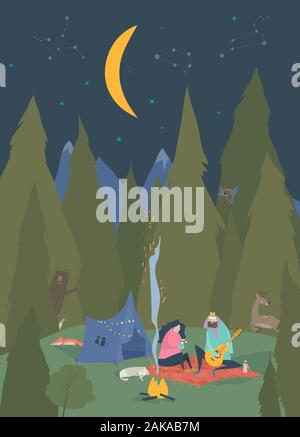 Man and woman sitting in camp near bonfire Stock Vector