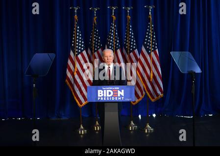Democratic presidential candidate, former Vice President Joe Biden delivers remarks on the Trump administration's recent actions in Iraq on January 07 Stock Photo