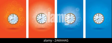 Clocks with gears and cogs behind on blue and orange background vector Stock Vector