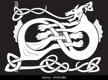Sea white dragon nordic culture pattern Stock Vector