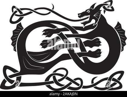 Sea black dragon nordic culture pattern Stock Vector