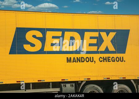 Sedex brand, an express delivery service from the Brazilian Post Service, and its paint slogan that means: sent, arrived. In southern Brazil. Stock Photo