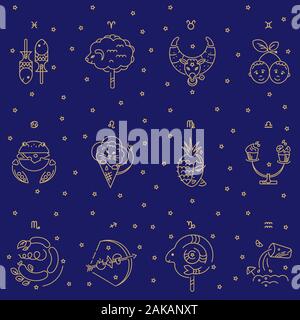 Kids Seamless Pattern. Zodiac signs, stars, constellations golden color on a blue background. Logo, tattoo or illustration. Astrological forecast, hor Stock Vector