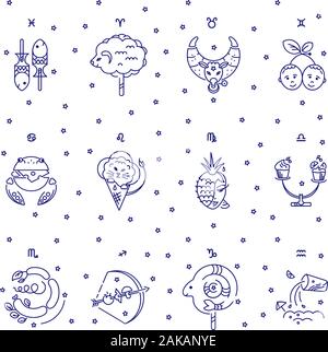 Kids Seamless Pattern. Zodiac signs, stars, constellations blue color on white background. Logo, tattoo or illustration. Astrological forecast, horosc Stock Vector