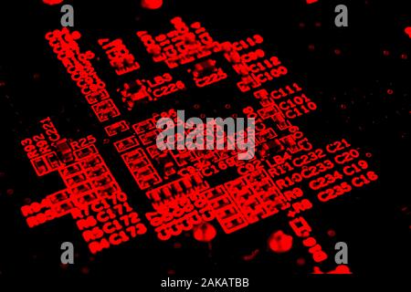 Macro shot of Circuit board with resistors microchips and electronic components. Computer hardware technology. Integrated communication processor. Inf Stock Photo