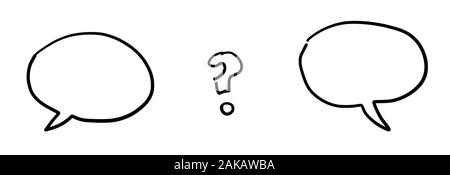 Hand drawn vector sketch illustration of two speech bubbles and question mark. White background, black outlines. Stock Vector