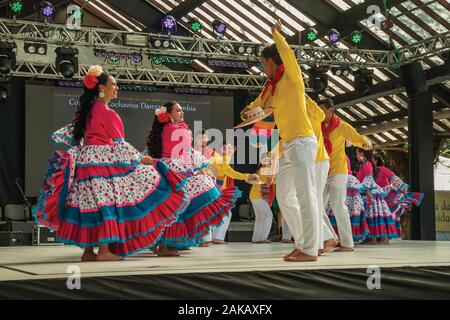 Colombian folk dancers performing a typical dance on Folkloric Festival of Nova Petropolis. A town founded by German immigrants in southern Brazil. Stock Photo