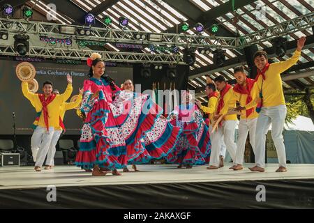 Colombian folk dancers performing a typical dance on Folkloric Festival of Nova Petropolis. A town founded by German immigrants in southern Brazil. Stock Photo