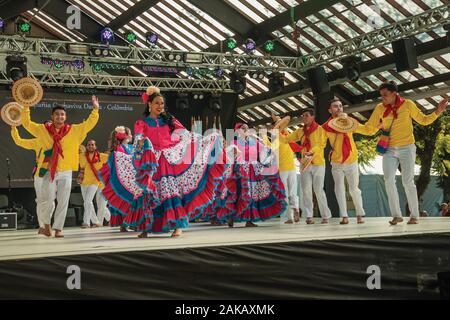 Colombian folk dancers performing a typical dance on Folkloric Festival of Nova Petropolis. A town founded by German immigrants in southern Brazil. Stock Photo