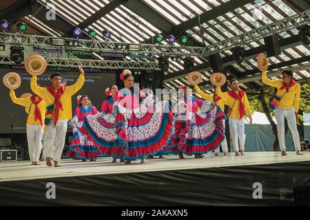 Colombian folk dancers performing a typical dance on Folkloric Festival of Nova Petropolis. A town founded by German immigrants in southern Brazil. Stock Photo