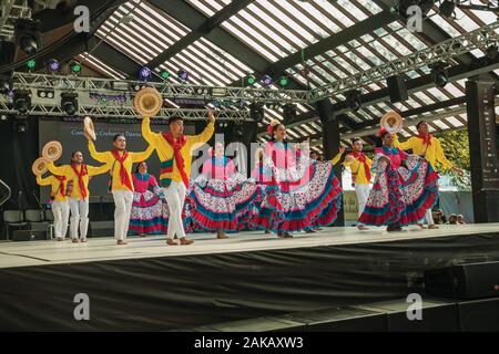 Colombian folk dancers performing a typical dance on Folkloric Festival of Nova Petropolis. A town founded by German immigrants in southern Brazil. Stock Photo