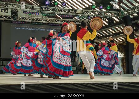 Colombian folk dancers performing a typical dance on Folkloric Festival of Nova Petropolis. A town founded by German immigrants in southern Brazil. Stock Photo