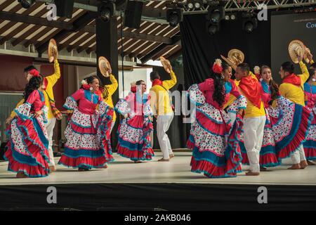 Colombian folk dancers performing a typical dance on Folkloric Festival of Nova Petropolis. A town founded by German immigrants in southern Brazil. Stock Photo