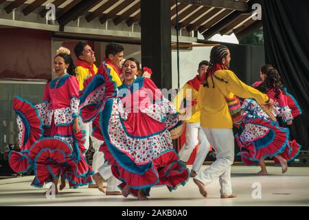 Colombian folk dancers performing a typical dance on Folkloric Festival of Nova Petropolis. A town founded by German immigrants in southern Brazil. Stock Photo