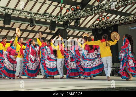 Colombian folk dancers performing a typical dance on Folkloric Festival of Nova Petropolis. A town founded by German immigrants in southern Brazil. Stock Photo