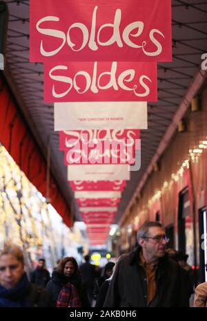 Paris, Jan. 8. 4th Feb, 2020. Posters displaying sales information are seen in a street in Paris, France, Jan. 8, 2020. Winter sales in France kicked off on Wednesday and will last to Feb. 4, 2020. Credit: Gao Jing/Xinhua/Alamy Live News Stock Photo