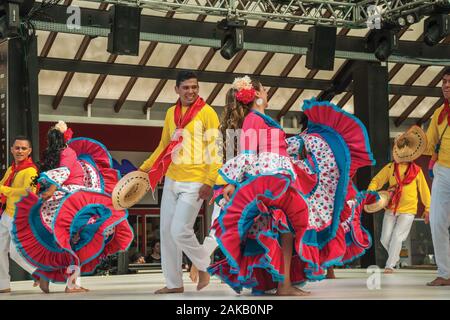 Colombian folk dancers performing a typical dance on Folkloric Festival of Nova Petropolis. A town founded by German immigrants in southern Brazil. Stock Photo