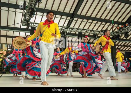 Colombian folk dancers performing a typical dance on Folkloric Festival of Nova Petropolis. A town founded by German immigrants in southern Brazil. Stock Photo