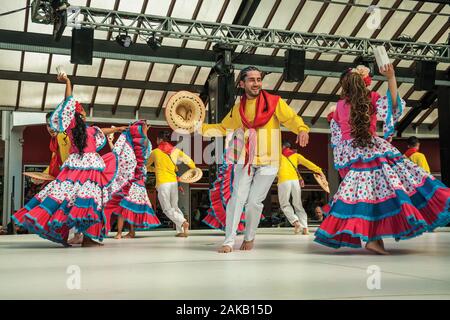 Colombian folk dancers performing a typical dance on Folkloric Festival of Nova Petropolis. A town founded by German immigrants in southern Brazil. Stock Photo